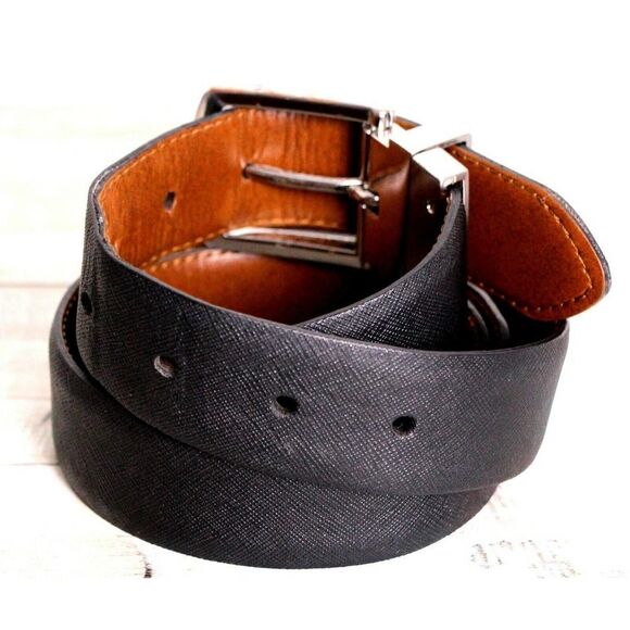 SAFFIANO BLACK BROWN GENUINE LEATHER 1.25"W REVERSIBLE DRESS MEN'S BELT 42 (X10 - Picture 4 of 11